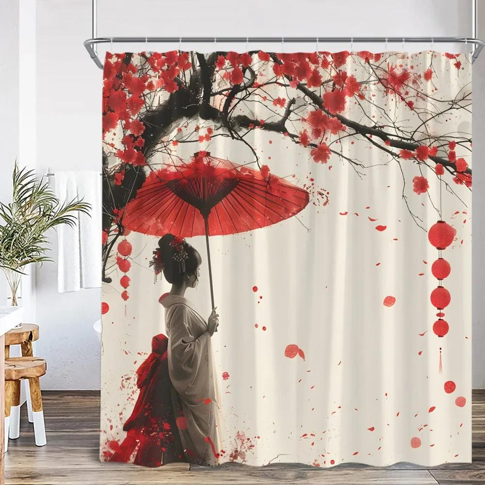 

Pink Cherry Blossom Shower Curtain Samurai Geisha Japanese Ink Painting Shower Curtain Bathroom Decorative Partition Curtain W120xH180cm