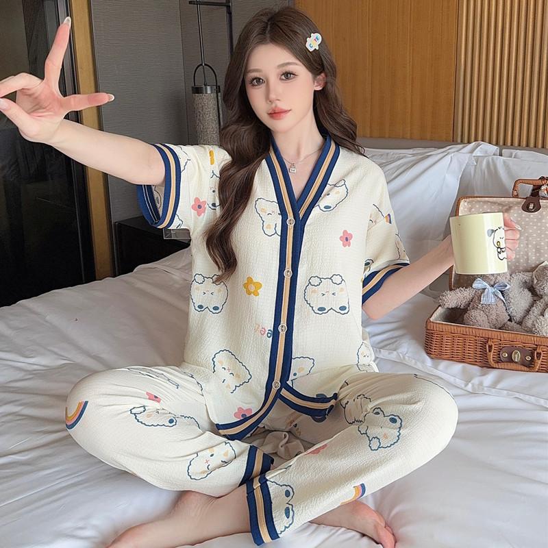 Cartoon cute pajamas women's summer thin bubble foam two-piece set short-sleeved 1011 new cartoon cardigan loungewear