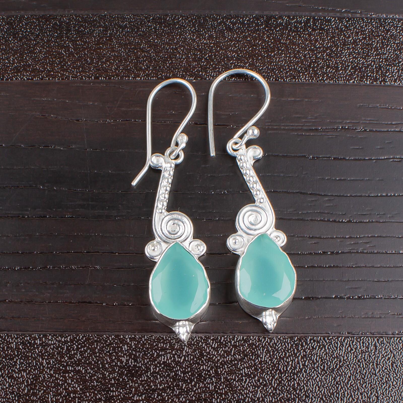 

Натуральный аквахалцедон драгоценный камень 925 стерлинговое серебро ручная работа ювелирные изделия серьги EE-37-17