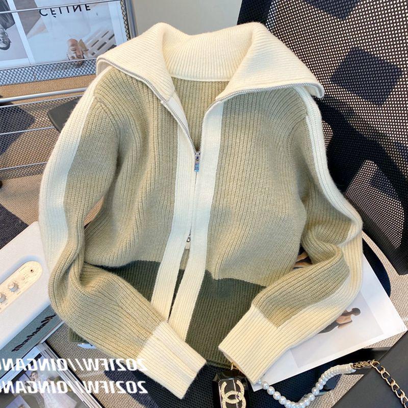 

Японский ретро кардиган в стиле колор-блок - Женский осенне-зимний свободный толстый свитер-пальто с лацканами One Size