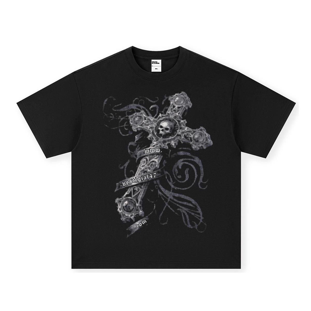 

Ouija Vintage Cross Print Short Sleeve T-Shirt - Unisex Washed Old-School Autumn Trend XXL