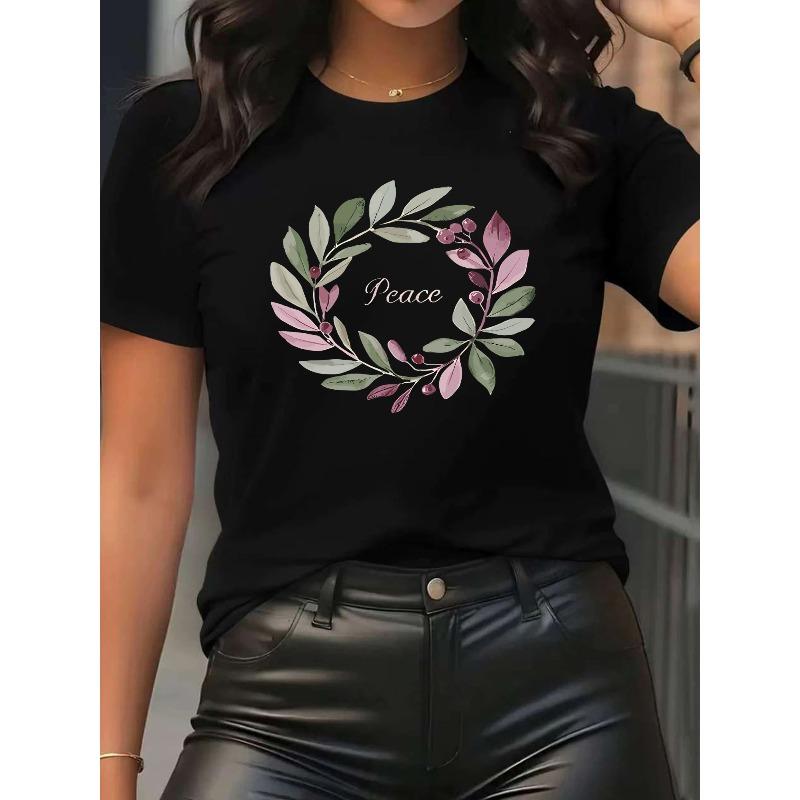 

Women s Plant Print Crew Neck Short Sleeve T-Shirt Soft Breathable Casual Fashion Versatile Tee 4XL чорний