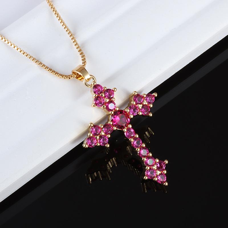 Fashionable and Exquisite Red Green Crystal Zirconia Cross Pendant Necklace for Ladies Elegant Party Christmas Gift