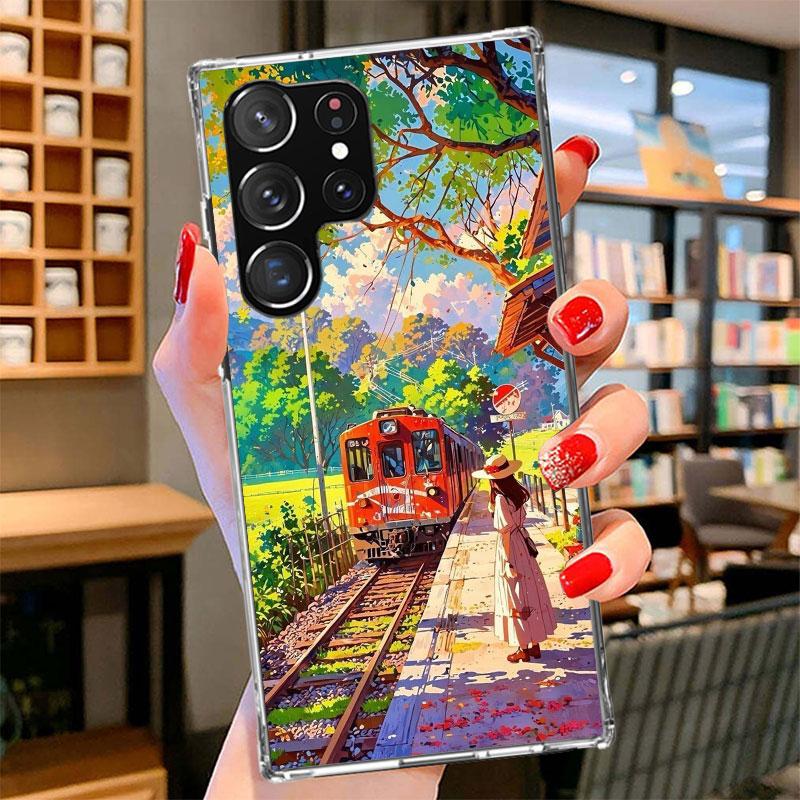 Retro Japanese Sakura Train Phone Case For Samsung Galaxy S26 S25 Edge S24 Ultra S23 S22 Plus S21 S20 FE Soft Fundas Shell Galax