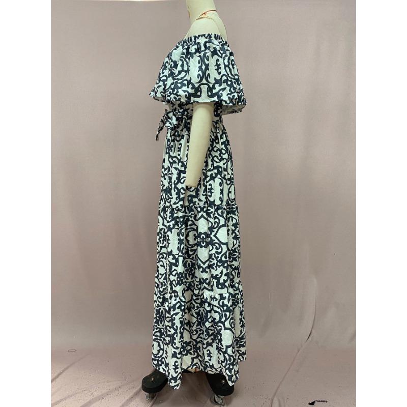 Damen Sommerkleid mit One-Shoulder-Träger und kurzen Ärmeln, bedruckt, mit Rüschen, lang