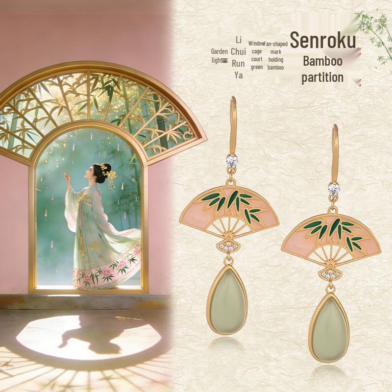 925 Silver Chinese Bamboo Leaf Fan Earrings with Imitation Hetian Jade and Enamel for Girls
