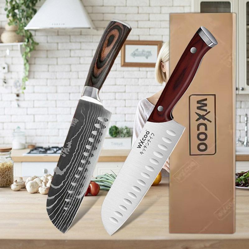 WXCOO Stainless Steel Kitchen Knife Vegetable Fruit Knife Boning Slicing Knife Japanese Fish Santoku Wooden Handle