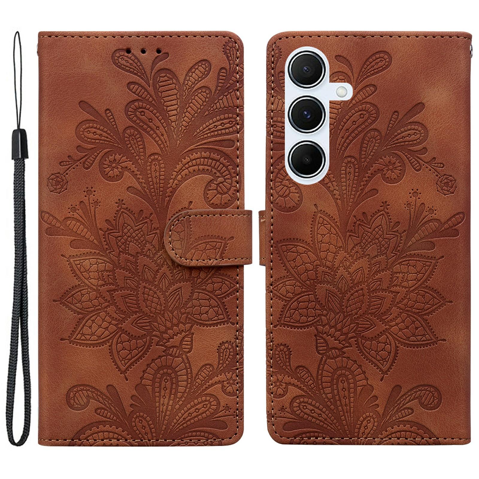 

For Samsung Galaxy A25 5G (Global) (161.0 x 76.5 x 8.3mm) Case Imprinted Lace Flowers PU Leather Wallet Phone Cover Brown