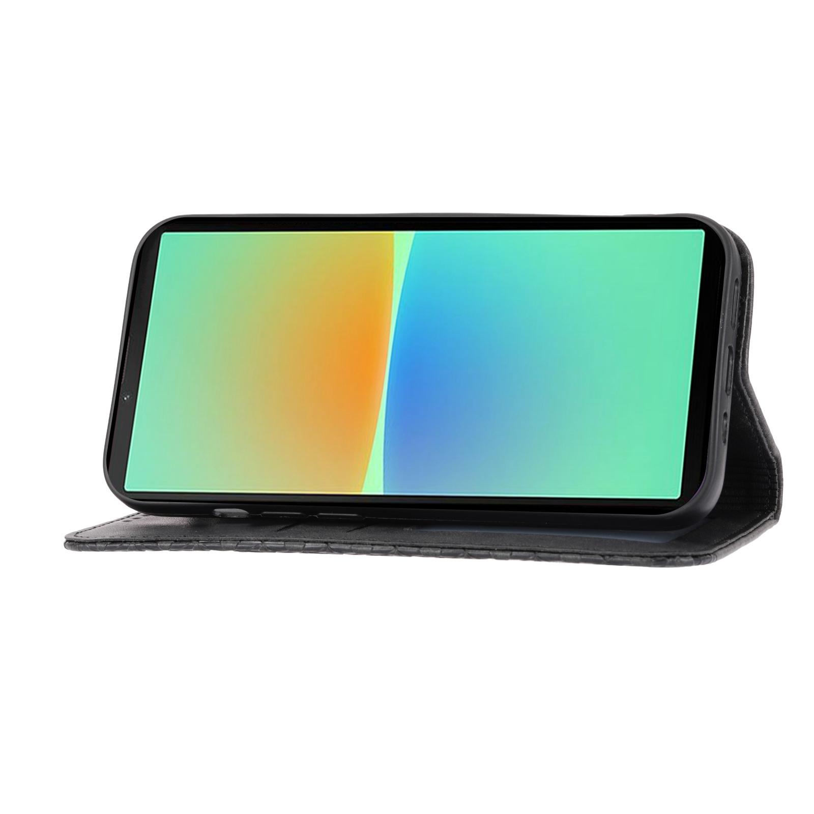 

For Sony Xperia 10 IV 5G Calf Texture PU Leather Case Stand Wallet Imprinted Rhombus Pattern Magnetic Phone Cover with Strap Black