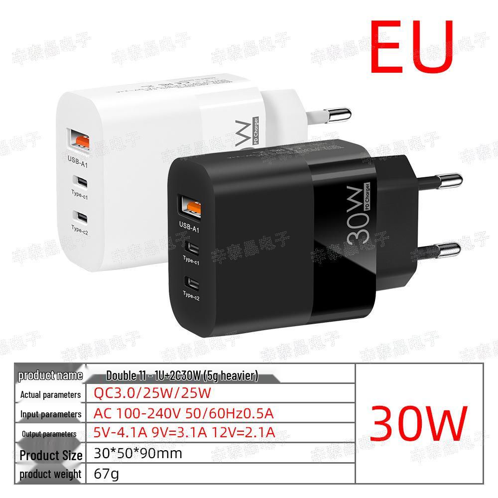 30W Multi-Port Mobile Charger with 2C+A, EU/US/UK Standards, QC3.0 Fast Charging