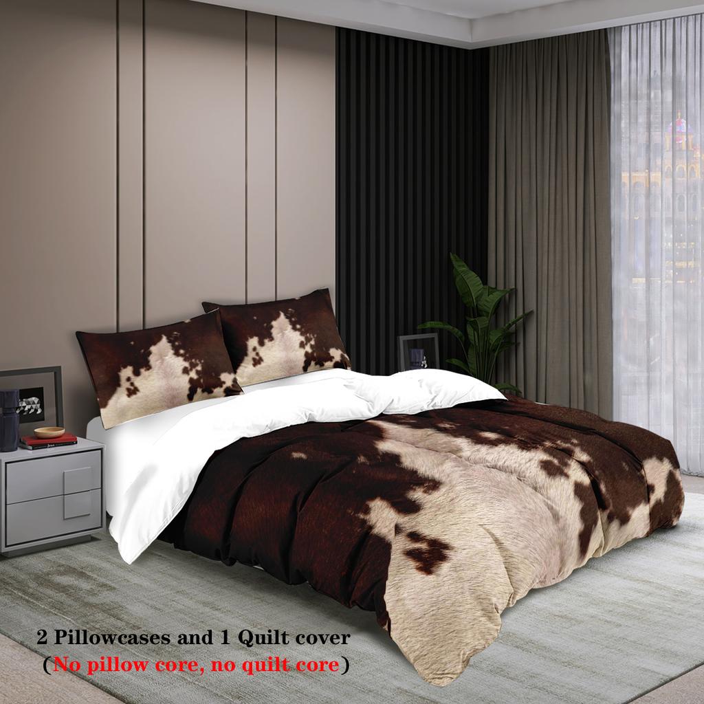 3pcs Duvet cover set printed with plush cow pattern,brown grey splicing,for bedroom and hotel,essential for animal enthusiasts