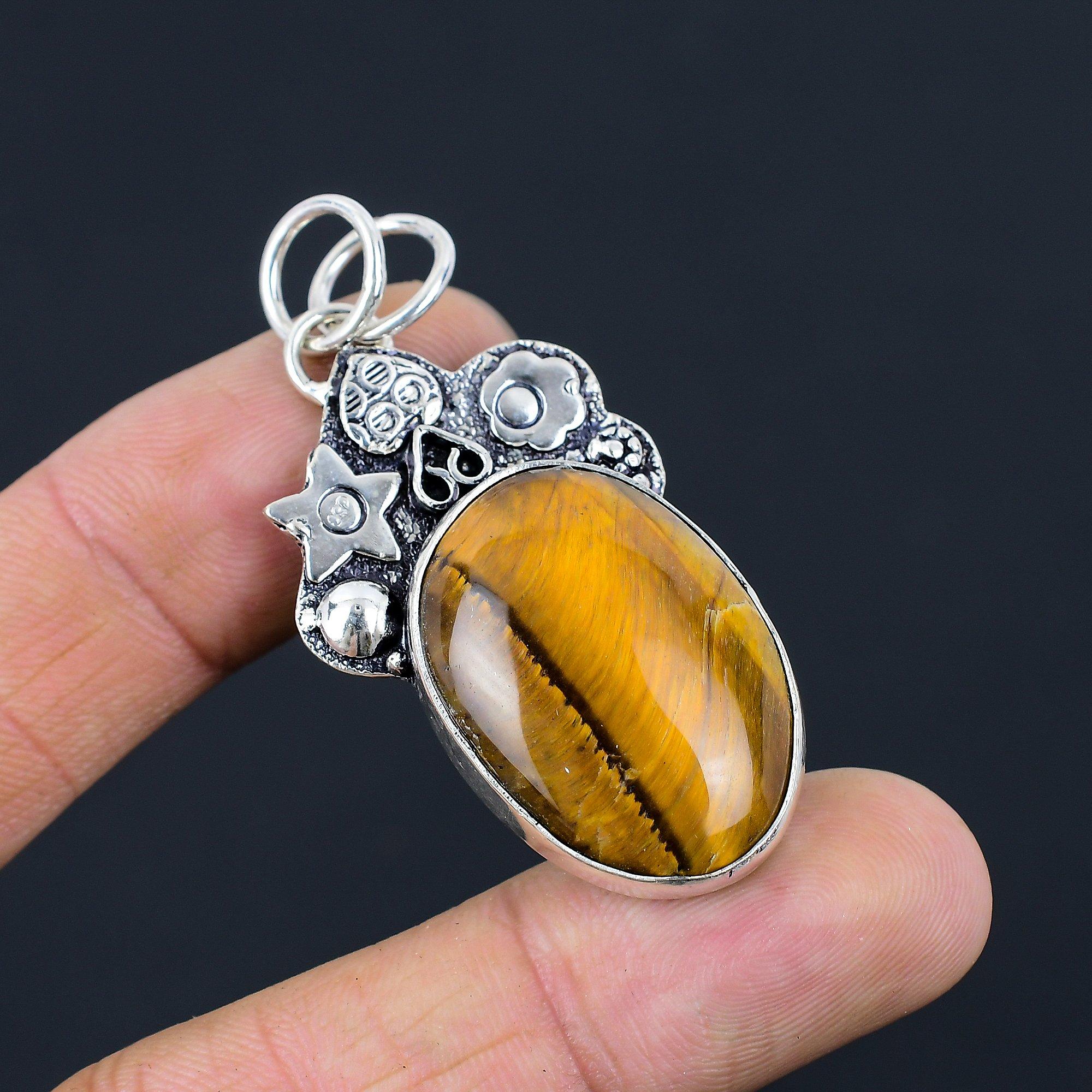 Friendship Day Deal 925 Sterling Silver Natural Tiger Eye Elegant Bezel Pendant