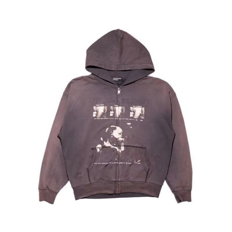 Mens Oversized Washed Distressed Zip-Up Hoodie Cotton Heavyweight Streetwear Sweatshirt