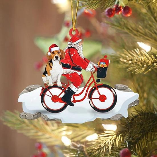 Santa Riding A Bicycle with A Dog Ornament Cute Acrylic Santa