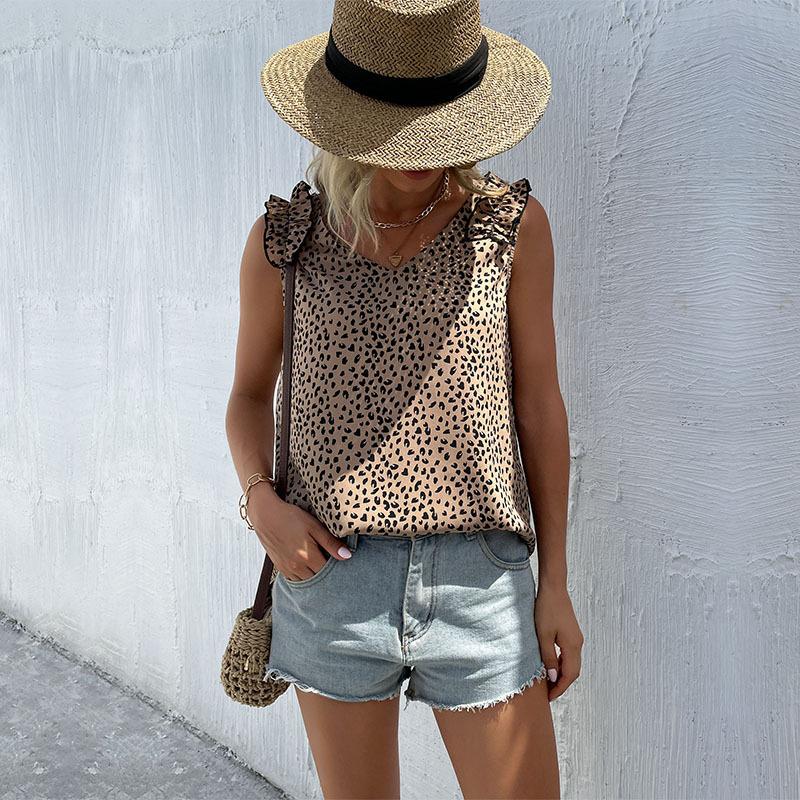 YYFS Women's Fashion Casual Leopard Print Sleeveless Suspenders V-Neck T-shirts and Tops