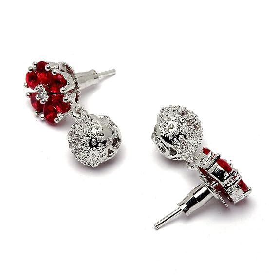 Rhodium-Plated Silver Toned Green Cubic Zirconia Studded Floral Shaped Cute Pendant with Earrings Jewellery Set for Girls and Women