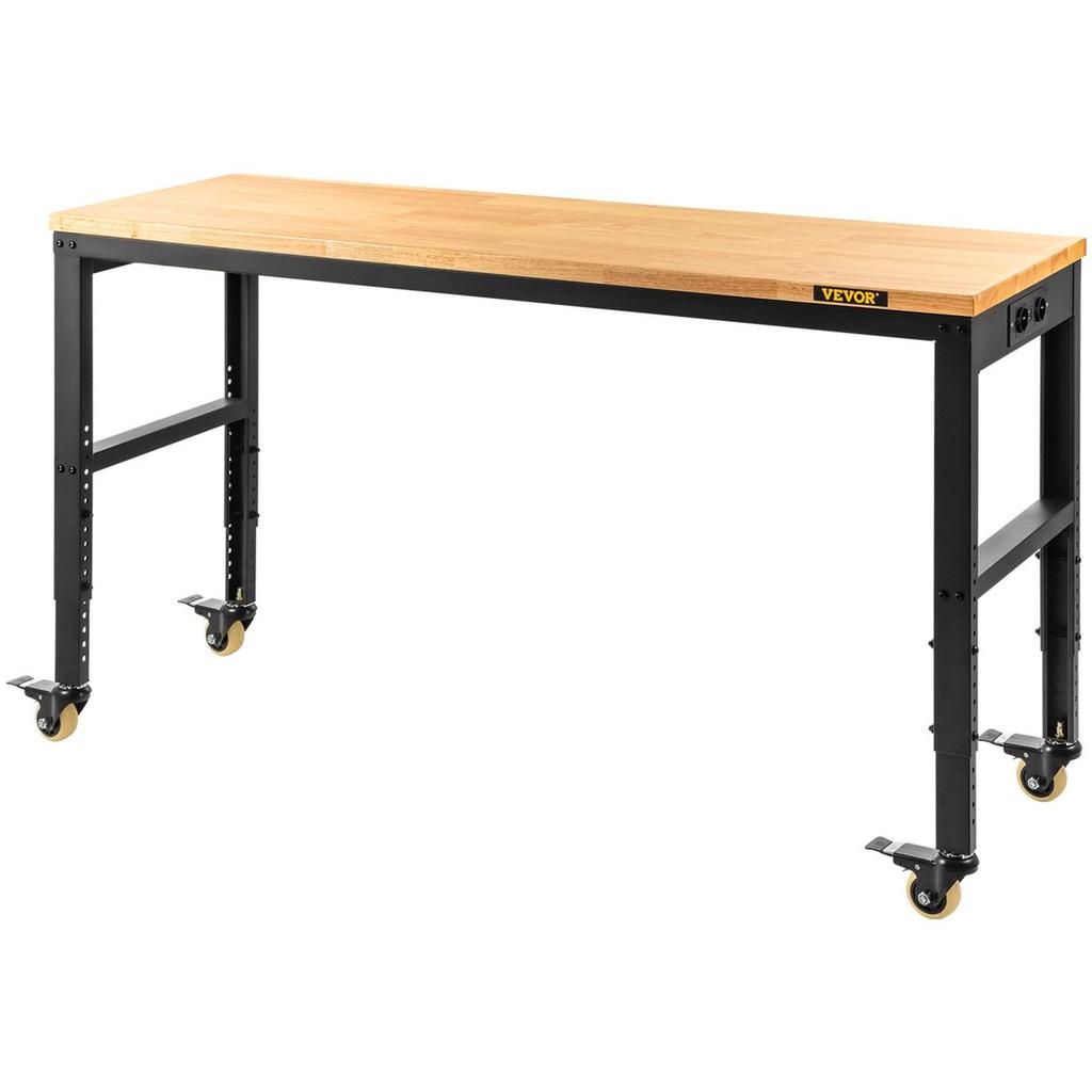 Workbench Adjustable Height, 155 x 51 cm Garage Table w/ 80 – 105 cm Heights & 720KG Capacity, with Power Outlets & Hardwood Top & Metal Frame &