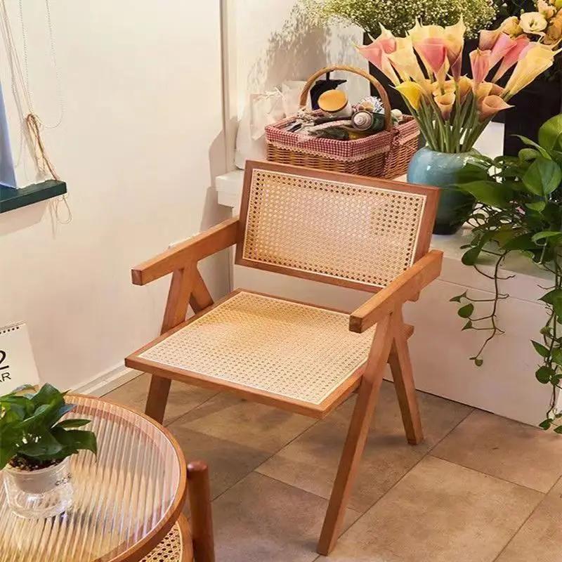 Medieval Modern Armchair - Wooden Frame and Rattan Weaving Design, Accent Chair for Dining Room and Living Room, Lounge Chair