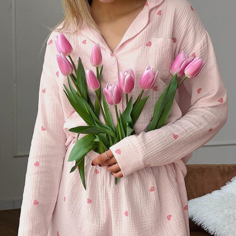 European and American autumn fashion love printed pajamas two-piece set casual comfortable soft shorts women's loungewear