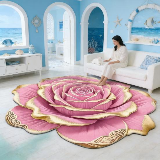 Floral Plush Floor Mat 3D Visual Flower Shaped Bath Mat Non-Slip Absorbent Floor Rugs for Bedroom Kitchen Bathroom Sofa Coffee Table