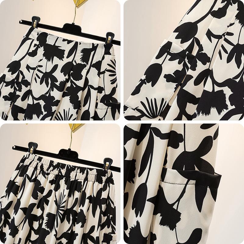 Ladies' Trousers Women's High-waisted Printed Wide Egged Trousers Skirt Summer Seven-minute Trousers Thin Section Loose Large Leg Skirt Trousers