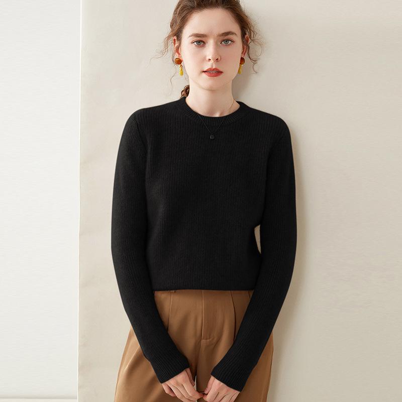 Autumn/Winter 2024 Women's Cashmere Knit Ribbed Sweater – Loose, Slimming, Round Neck Base Layer Top