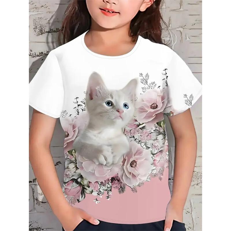 Fun Girl T-shirt Summer Short Sleeved Top Cartoon Animal Cat 3D Printing 2025 Girl Clothing