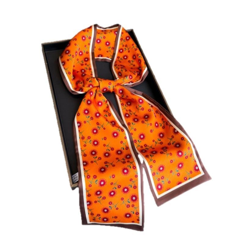 New High-end Silk Scarf, Small Long Light Luxury Streamer, Tied Bag Decoration, Double-layer Scarf, Headband Printing, Narrow Scarf.