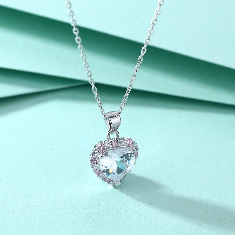 S925 sterling silver pink diamond love necklace female niche design sense light luxury heart-shaped zircon pendant collarbone chain European