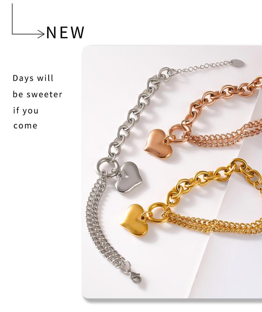 18K Gold Plated Titanium Steel Heart Bracelet with French Minimalist Cuban Chain Design