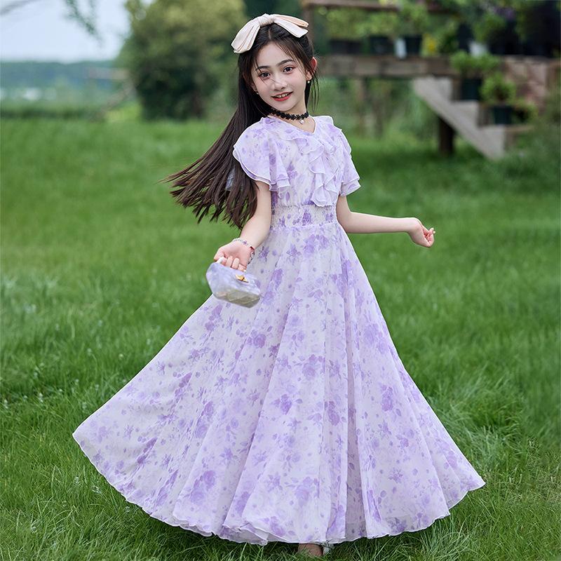 Mädchen Sommerkleid mit Blumenprint, Prinzessinnenstil, kurzärmelig, A-Linie, für größere Kinder