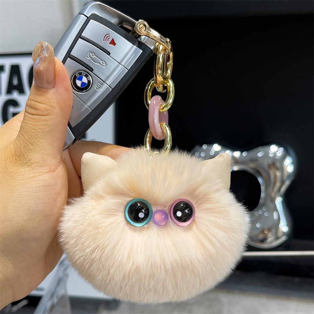 Rabbit Fur Cat Head Pendant Keychain Cartoon Kitten Soft Stuffed Doll Pendant Car Key Backpack Bag Decor Doll Pendant Keychains