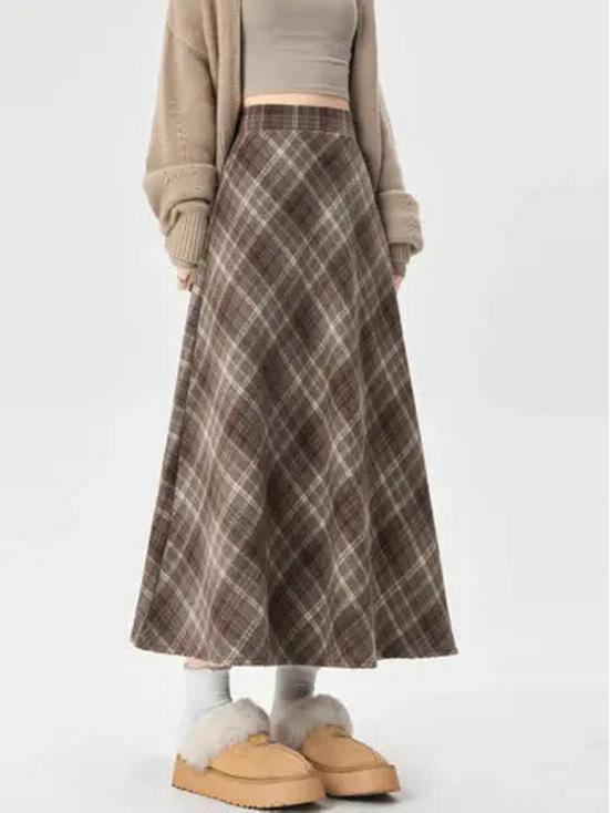 Women's Plaid A-line Skirt: Mid-Length, Thickened for Autumn/Winter 2025, Slimming Fit.
