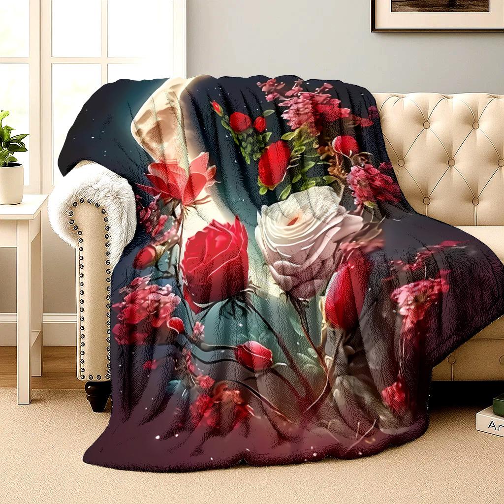 Rose-colored Moon Flowers Flannel Printed Blanket Suitable for All Seasons Suitable for Living Room Office Sofa and Travel