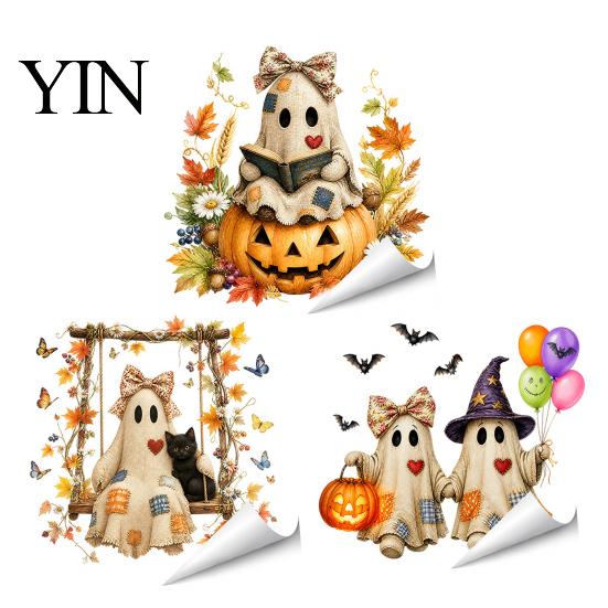Adhesive Free Decal Vintage Patch Ghost Static Window Clings, Halloween Thanksgiving Pumpkin Bow Maple Leaf Retro Fabric Glass Stickers, Reusable