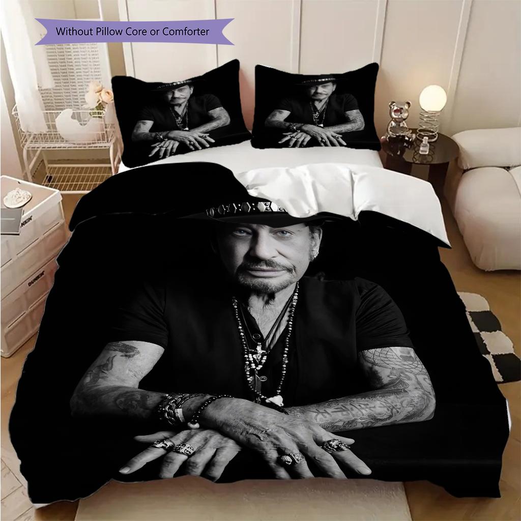 Black and white retro Johnny Hallyday bedding, duvet cover, pillowcase, home decoration, birthday gift (1 * duvet cover+2 * pillowcase, coreless)