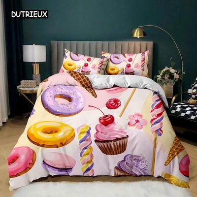 Donut Bettbezug Bunter Batik Quiltbezug für Kinder Geschenk Mädchenhaft Niedlich Süß Mehrfarbig Dessert Essen Polyester Bettwäscheset