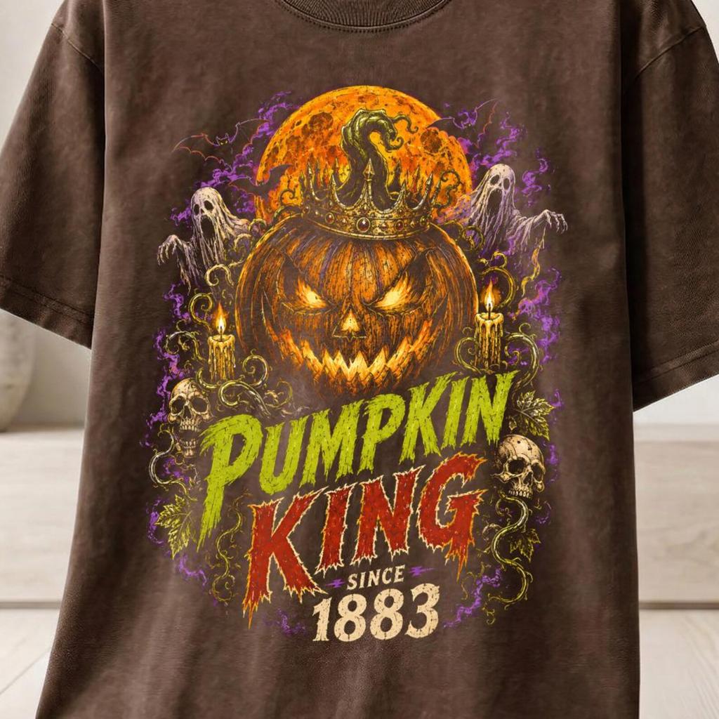 Pumpkin King Halloween T-Shirt and kids tshirt Vintage Horror Movie Poster Style, Spooky Skull Ghost Graphic Tee, Creepy Bats Fall Gown Tee