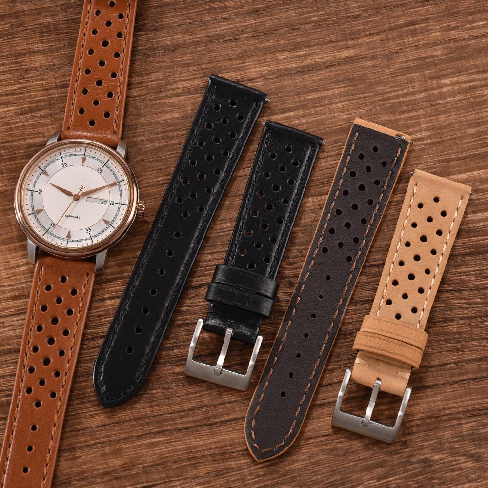 Racing Leather Strap 18mm 20mm 22mm Breathable Porous Leather Watch Strap Quick Release Leather Watchbands Universal Men Women