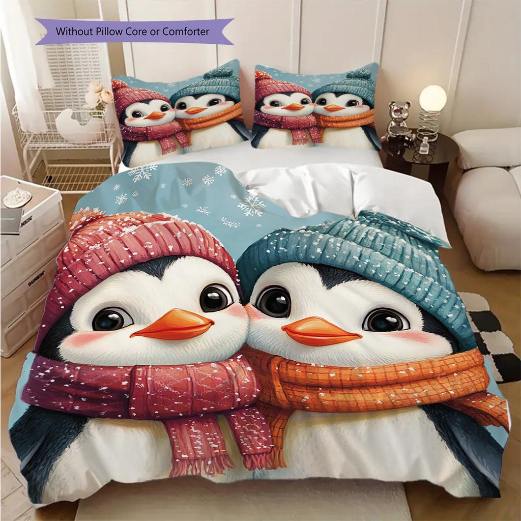 Penguin Pattern Bedding Quilt Set Quilt Cover Pillowcase Home Decoration Birthday Gift (1 * duvet cover + 2 * pillowcase, without core)