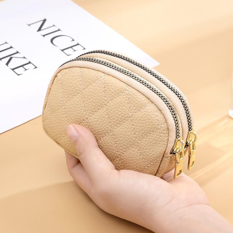 Portable Double Layer Coin Purse Water Resistant PU Leather Zipper Mini Card Holder for Women Daily Use