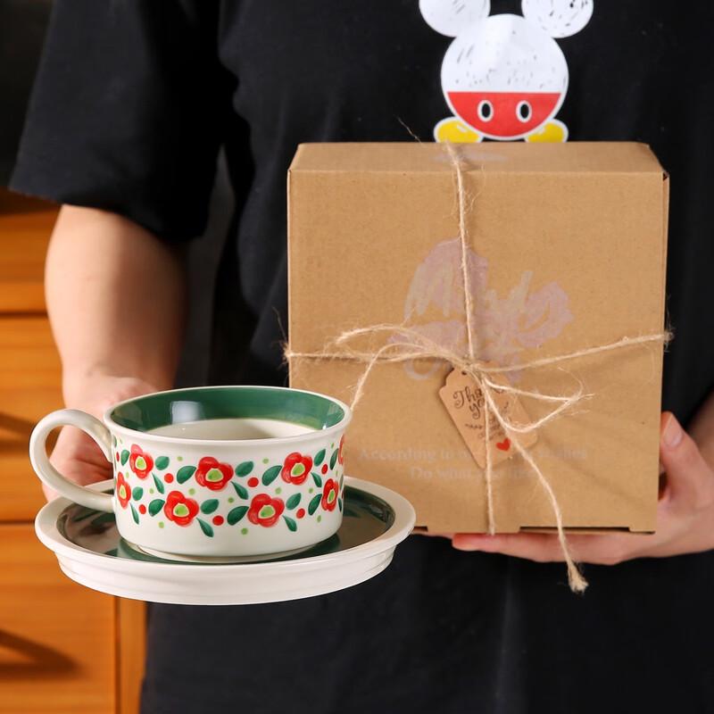 Retro Floral Ceramic Coffee Cup and Saucer Set 03 Red Flower Green Leaves