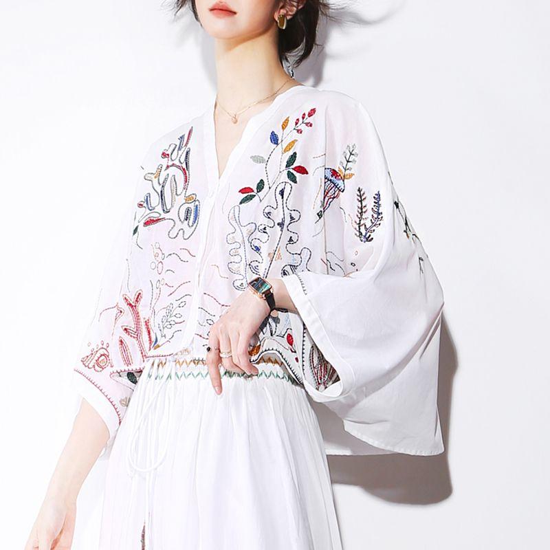 

N81 Подводный мир Вышивка Растительный узор Свободный V-образный вырез Тонкое Солнцезащитное пальто Свободная Рубашка с полурукавом и высокой талией White S