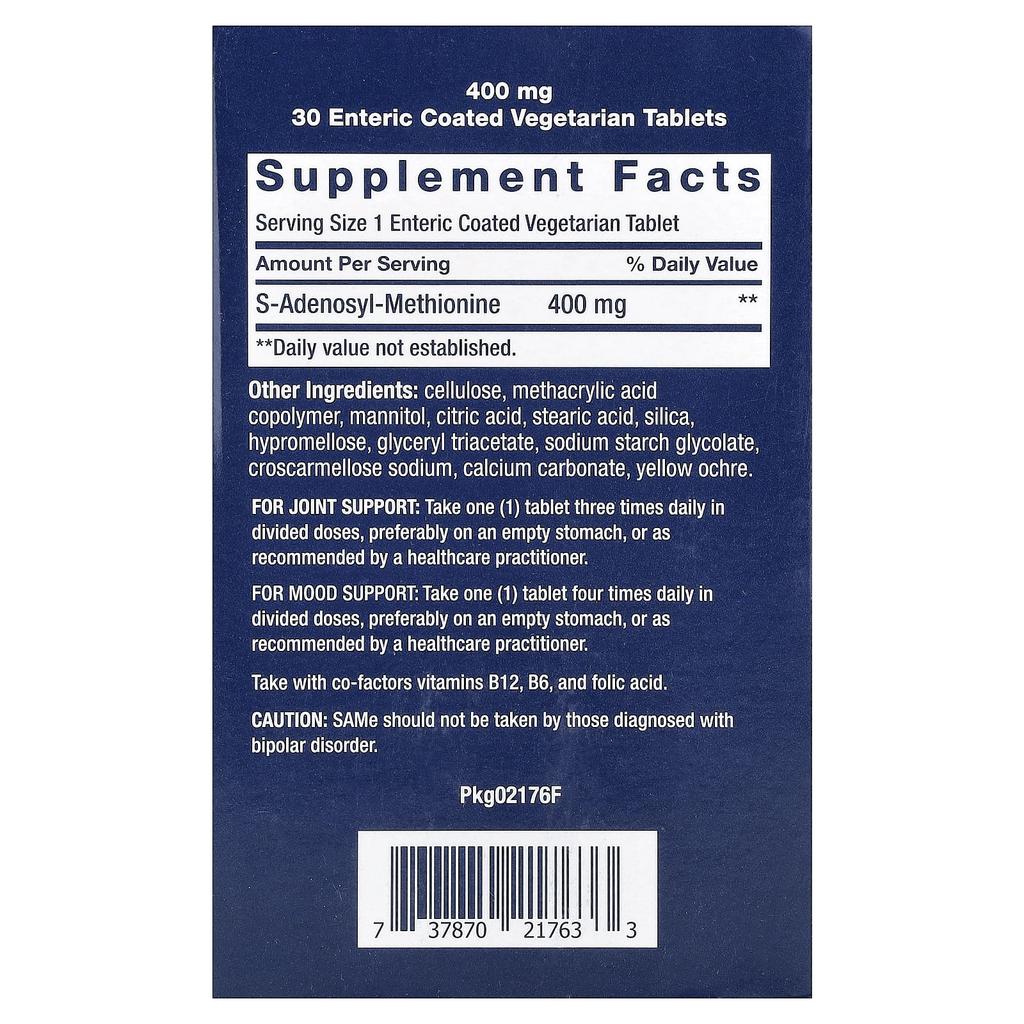Same, S-Adenosyl-Methionine, 400Mg, Enteric Coated Veggie Tablets 30 Tablets