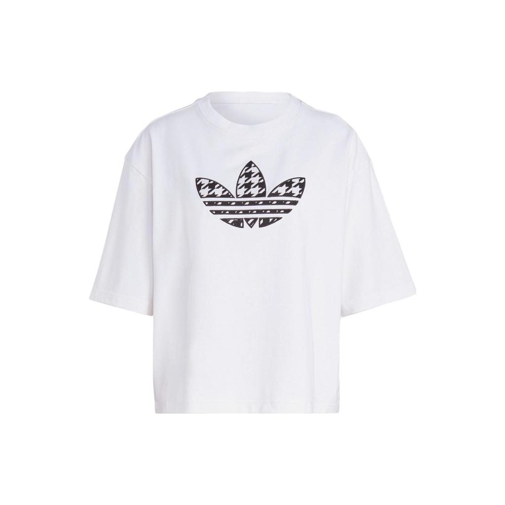 Adidas Originals American Vintage Houndstooth Logo Print Loose Fit Crew Neck T-Shirt Women Tops White IC5144