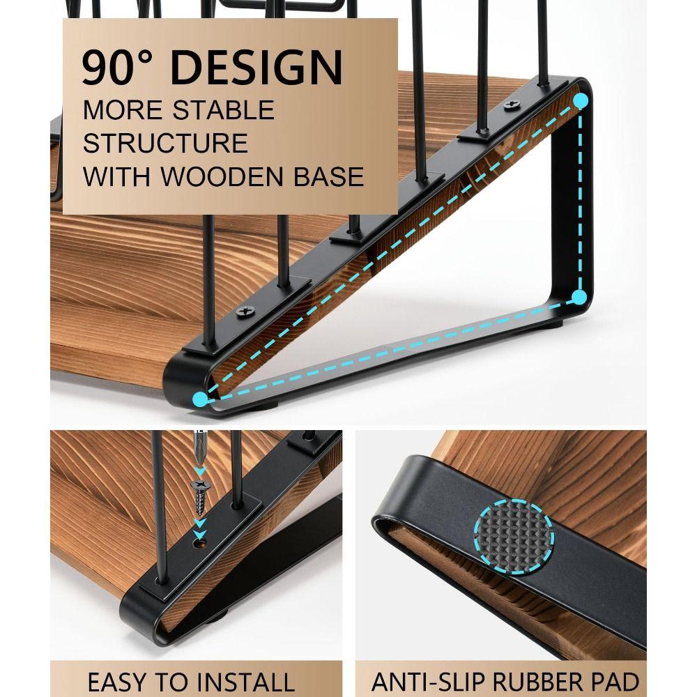 5-Section Inclined Desk File Organizer with Wooden Base Space Saving Metal File Sorter Rack Vertical Multifunctional