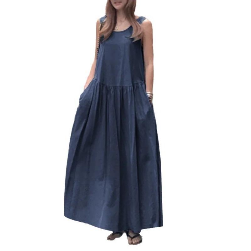 Colete Casual de Verão com Gola Redonda Sem Mangas Tamanho Grande Solto Cor Sólida Vestido Longo Fluido