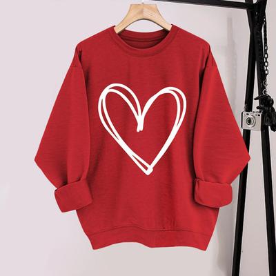 Yousheng Spring Autumn Women Sweatshirt Heart Print Pure Color Round Neck Loose Long Sleeves Pullover Valentines Day Top