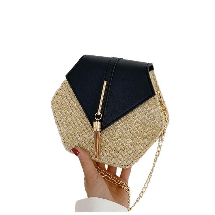 Nowy Styl 2025 Damska Wszechstronna Koreańska Pleciona ze Słomy Torba na Ramię Crossbody - Torba na Ramię z Łańcuszkiem w Kształcie Rombu na Wakacje na Plaży