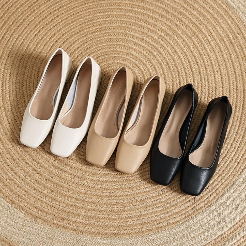 Leather Pumps Women's 2025 New Spring Professional Commuting Thick Heel Medium Heel Square Head Shallow Mouth Work Women's Shoes